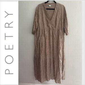 Poetry 100% Linen Women Maxi Dress Size 14 beige pockets lagenlook